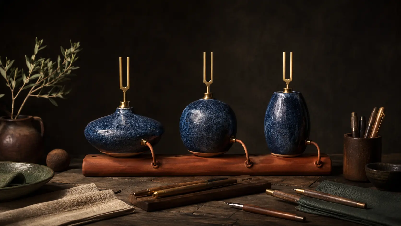 Five turned cylinders of wood, brass, clay, glass and stone standing in a row in warm side light