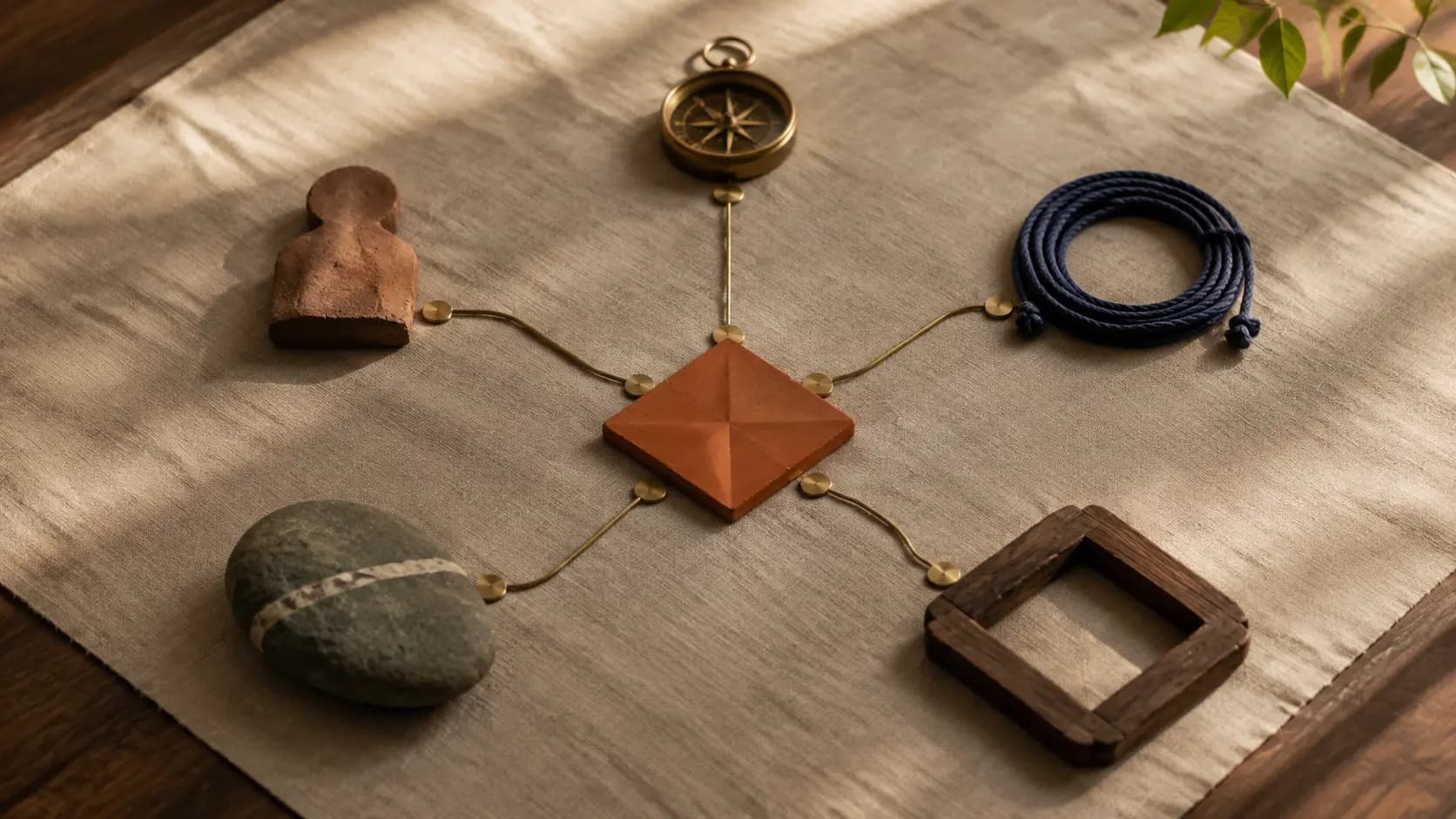 A terracotta pyramid at the centre of a linen cloth, linked by fine brass chains to a compass, a coil of blue rope, a river stone, a wooden frame and a carved wooden form