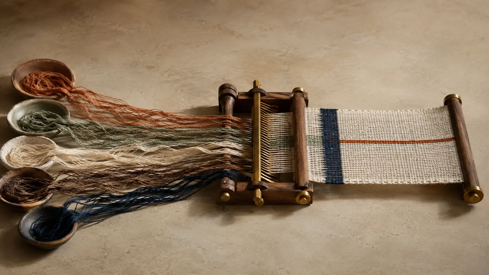 Threads from five small bowls of coloured fibre running into a wooden loom and woven into a single striped cloth