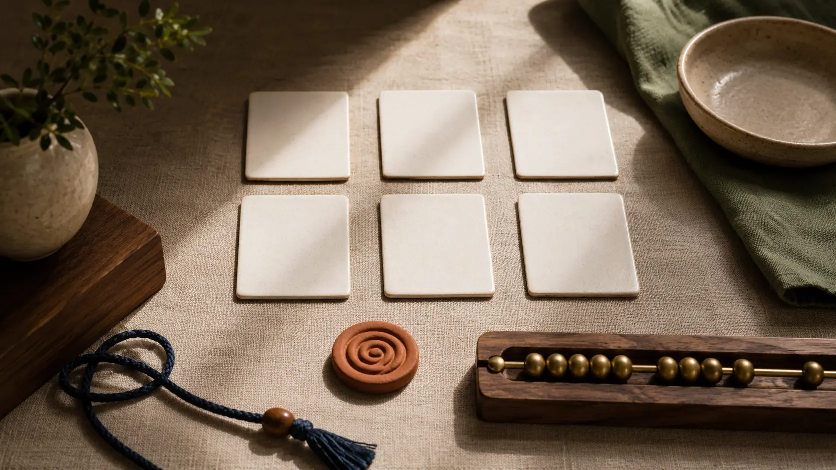 Six linen covered forms arranged on a pale table with a wooden counting tray of beads in the foreground