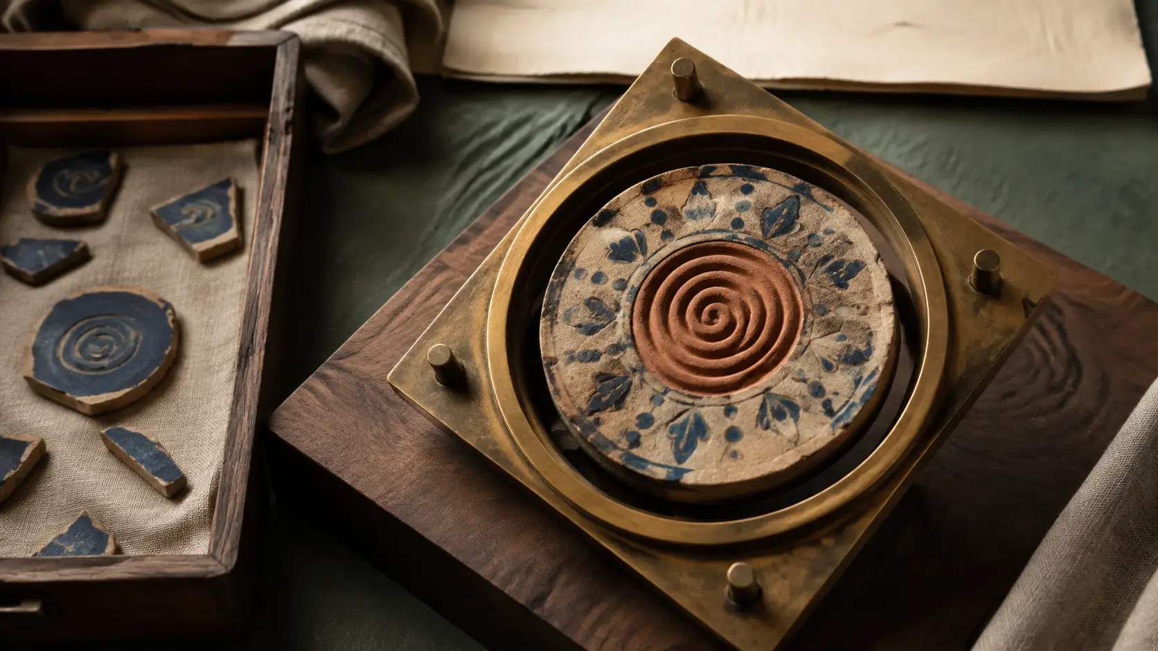 A round ceramic seal with a terracotta spiral set in a brass frame on dark wood, beside a tray of glazed blue fragments