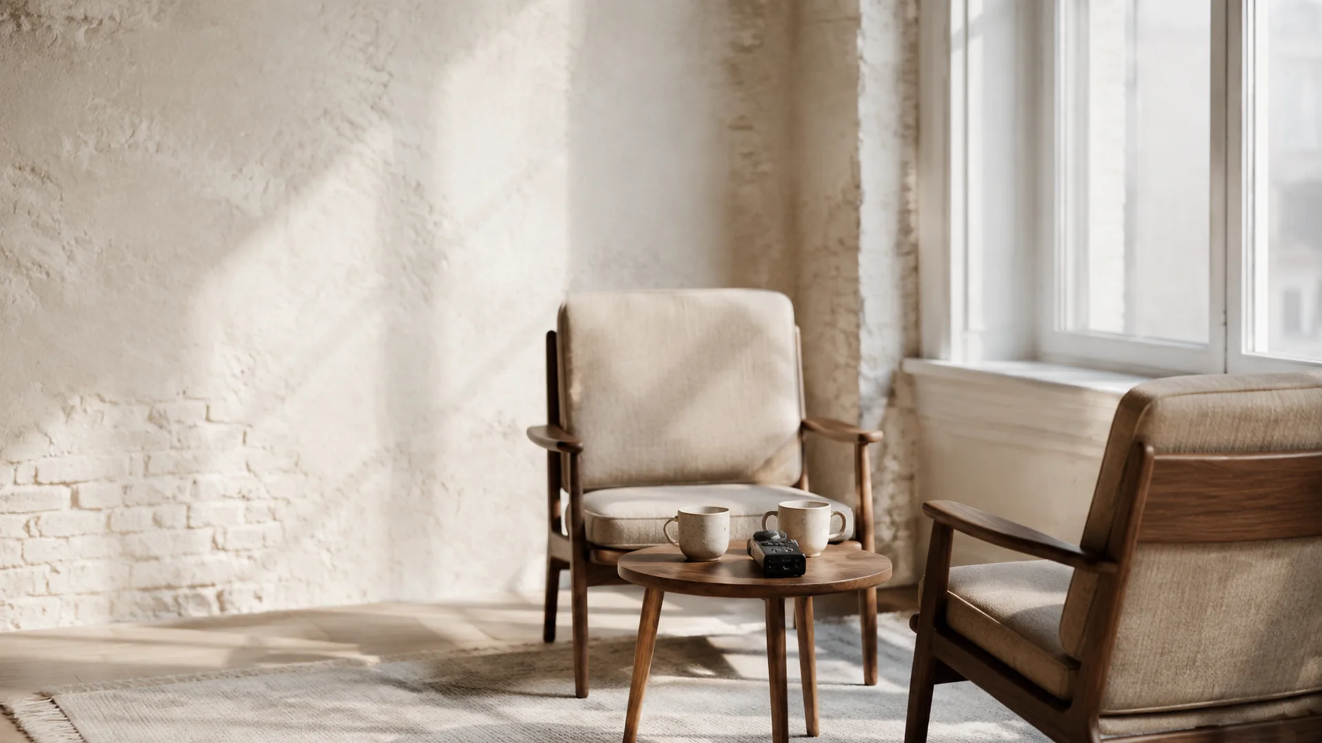 Two wooden armchairs turned toward a small round table holding a recorder and two ceramic cups in a sunlit room