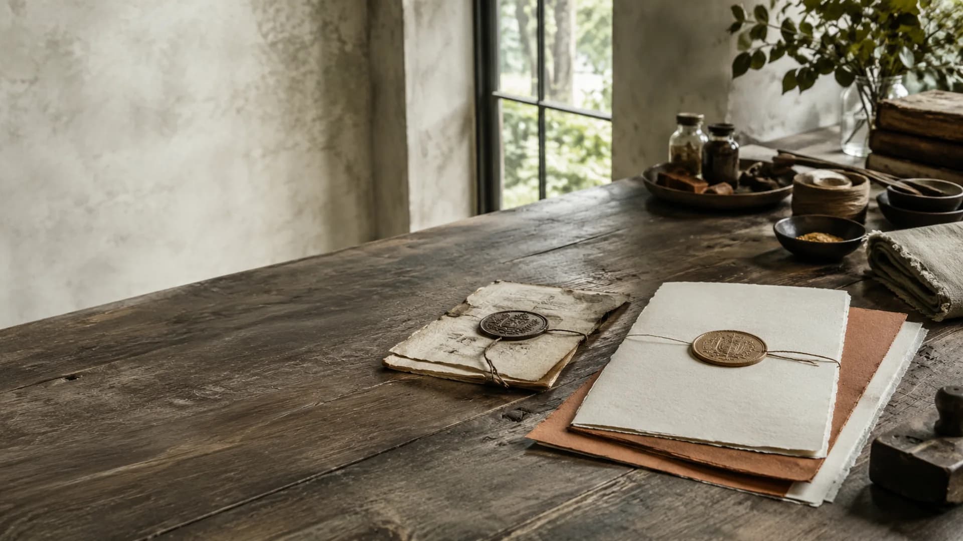 An aged wax sealed document and a freshly sealed one resting side by side on a dark wooden table beside a window