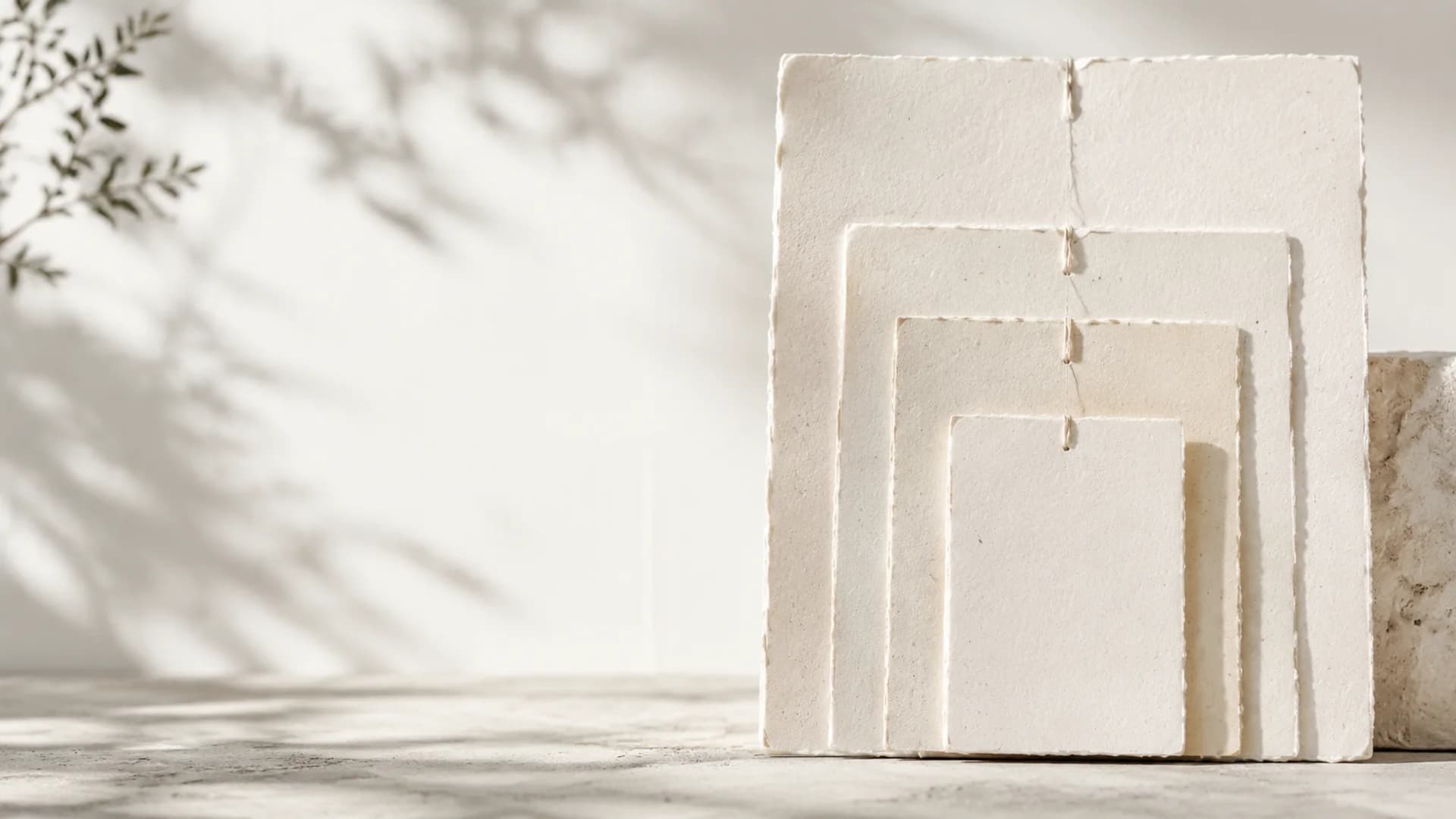 Four sheets of handmade paper stacked in decreasing sizes against a sunlit wall, each layer set inside the last