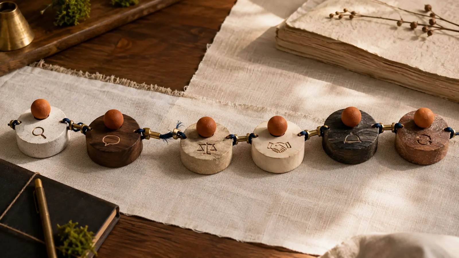 Six customer journey stages connected by one indigo thread, with a frayed handoff revealing where confidence falls