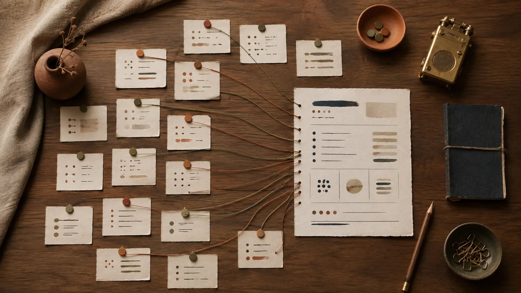 Customer interview evidence cards connected into one structured positioning brief