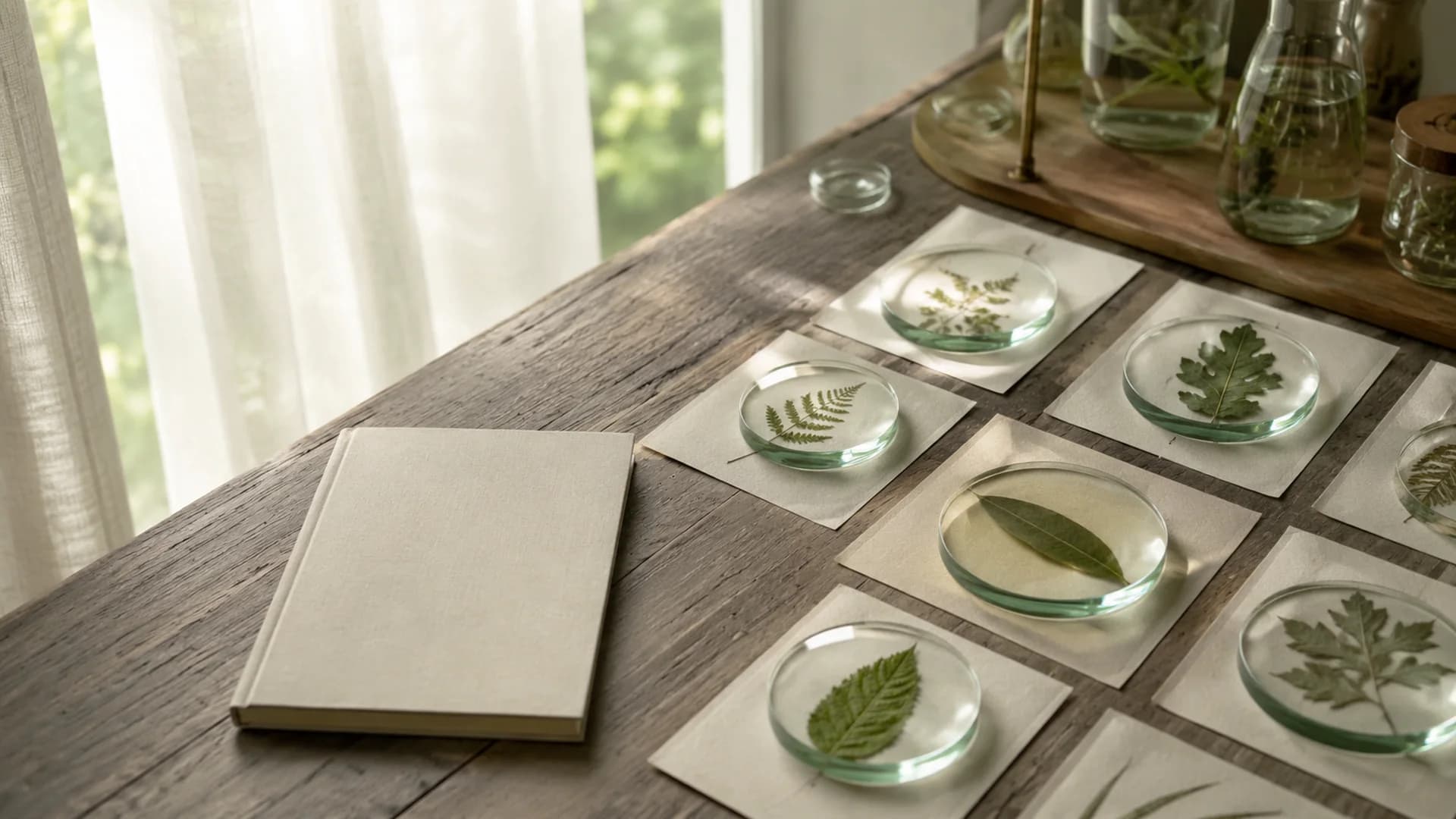 Pressed leaves sealed under round glass discs on paper squares, laid out in a grid on a weathered table beside a closed linen notebook and a sunlit window